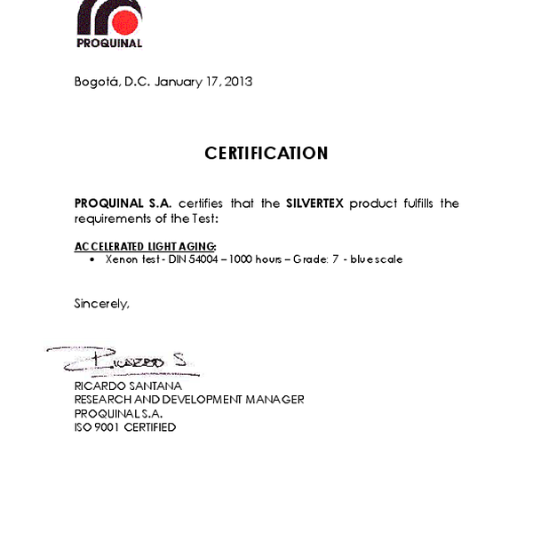 silvertex - certificacion UV Xenon test 54004